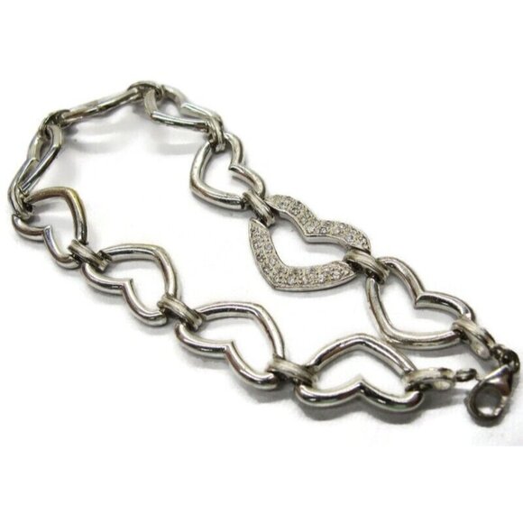 Heart Links Bracelet 8" Simulated Cubic Zirconia 925 Sterling Silver Vintage - Picture 8 of 8